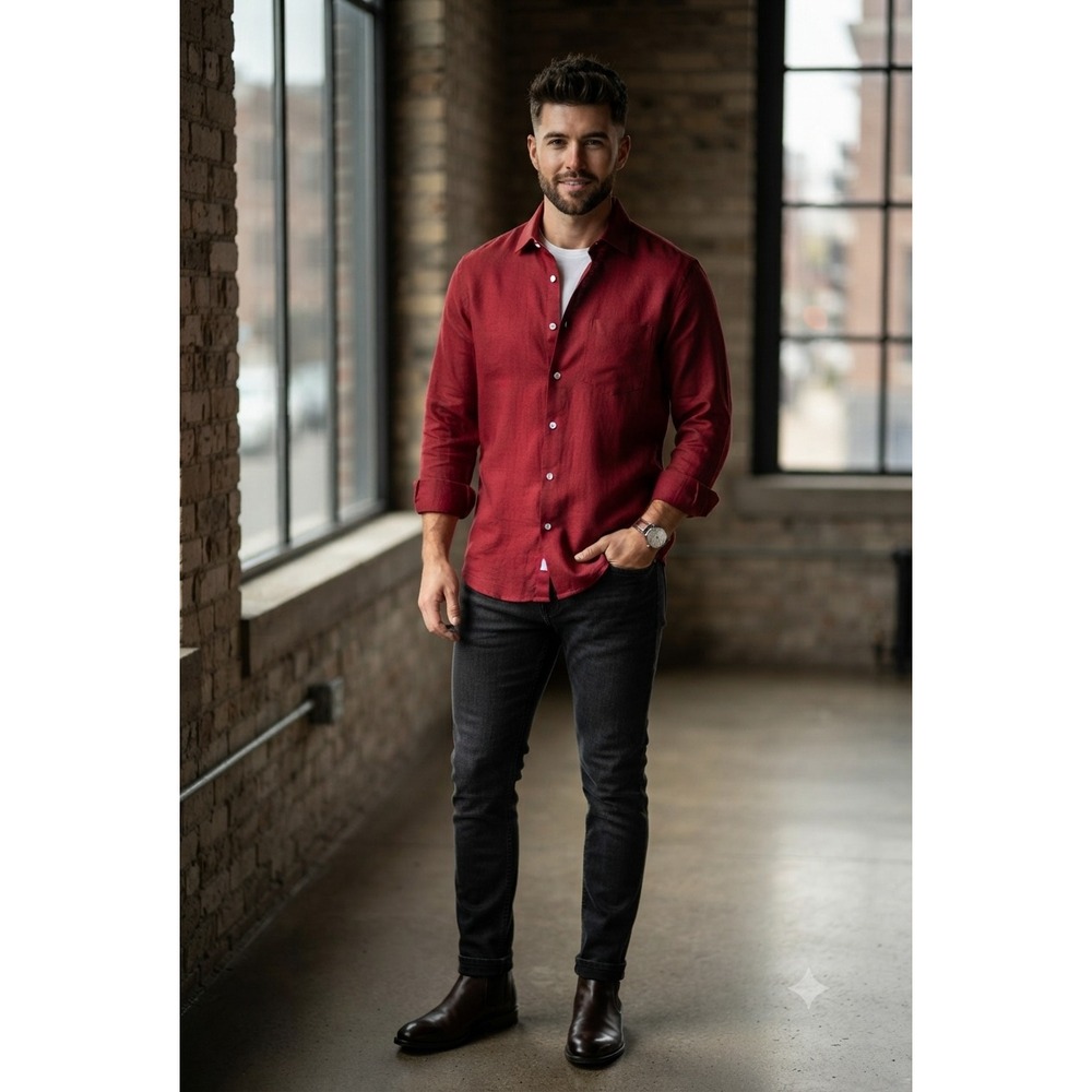 Linen Club Studio Red Premium European Linen Shirt Contemporary Fit Mens 42cm L